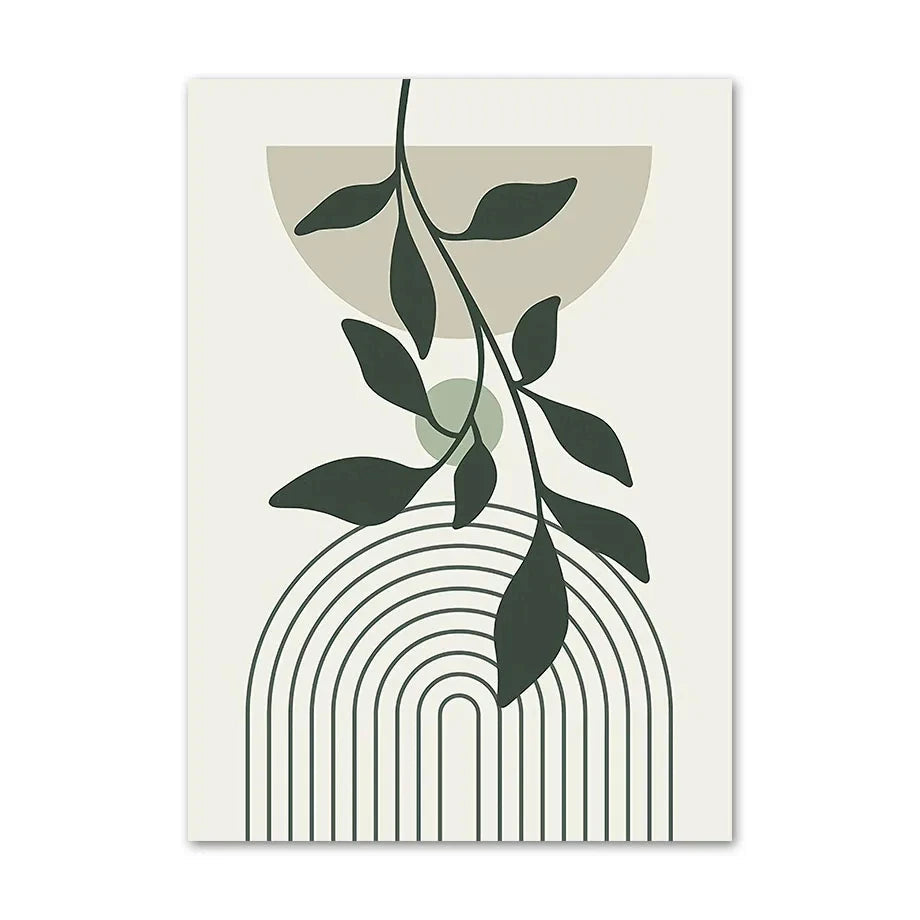 Botanical abstract wall print with hanging green leaves, soft neutral shapes, and curved line artwork.
