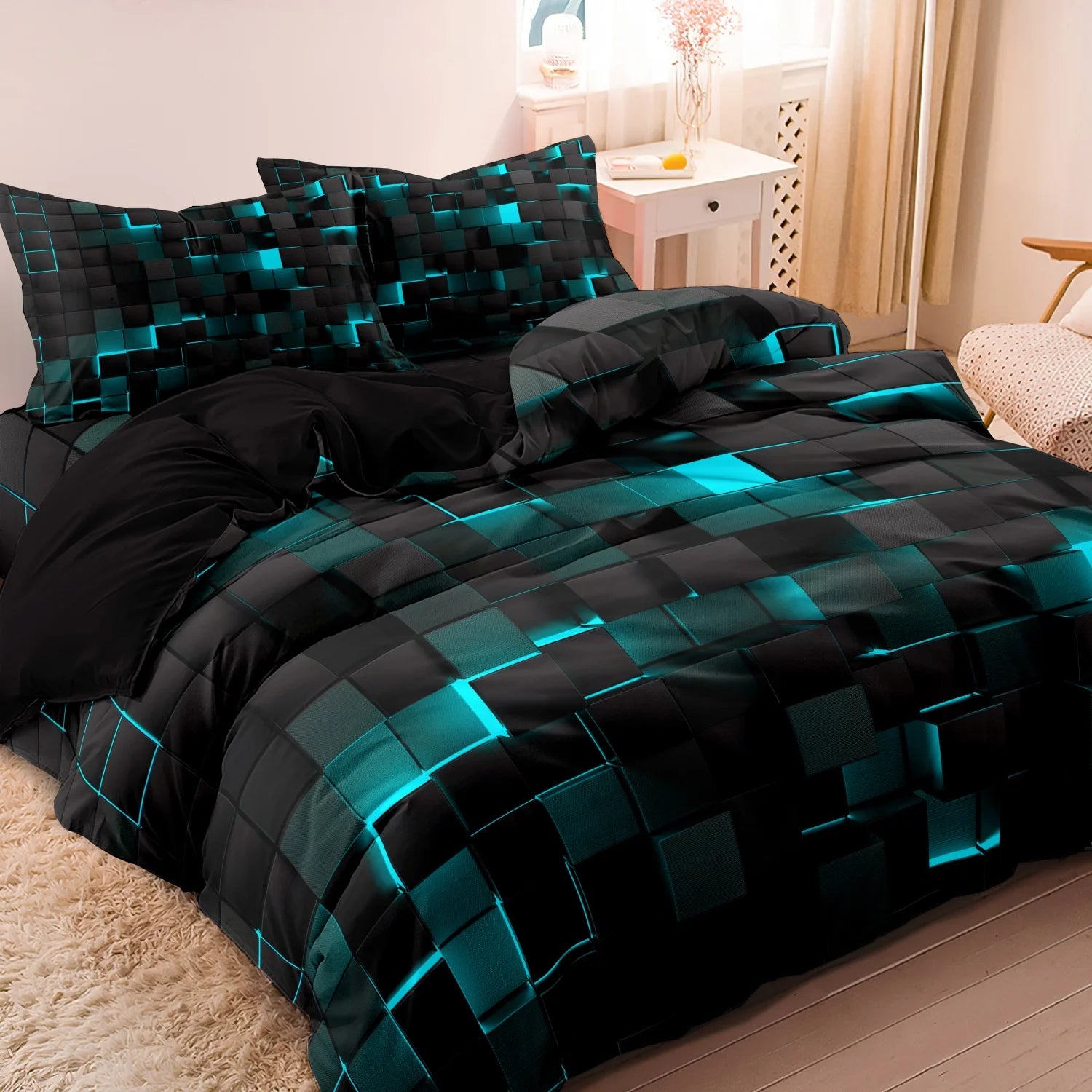 Black bedding set with aqua geometric block 3D print and matching pillowcases