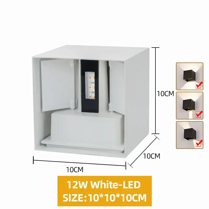 12W White square LED wall light with dimensions 10x10x10cm.