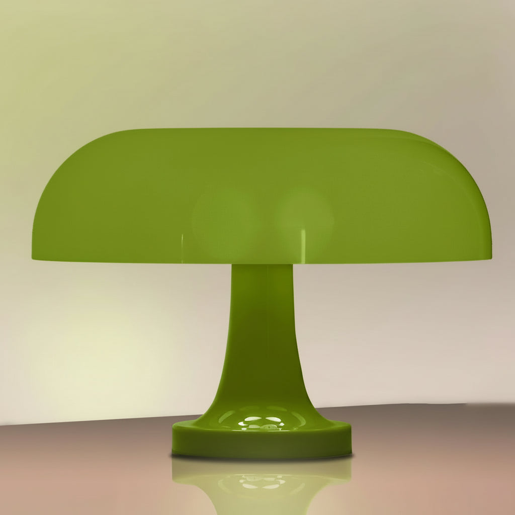 Green table lamp with dimensions indicated on a plain background