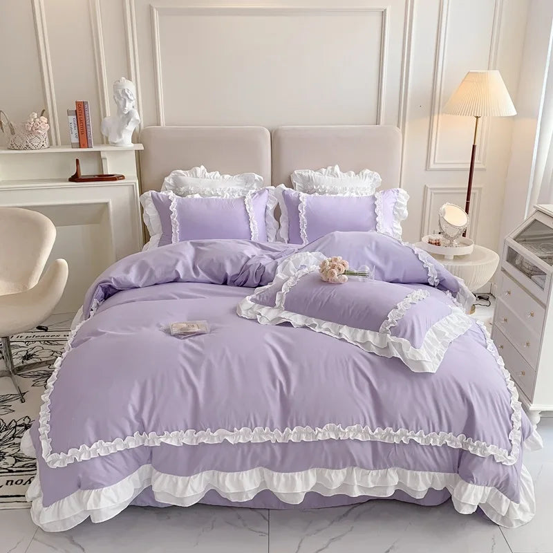 (Lavender): Lavender purple ruffle duvet cover set with matching ruffled pillowcases