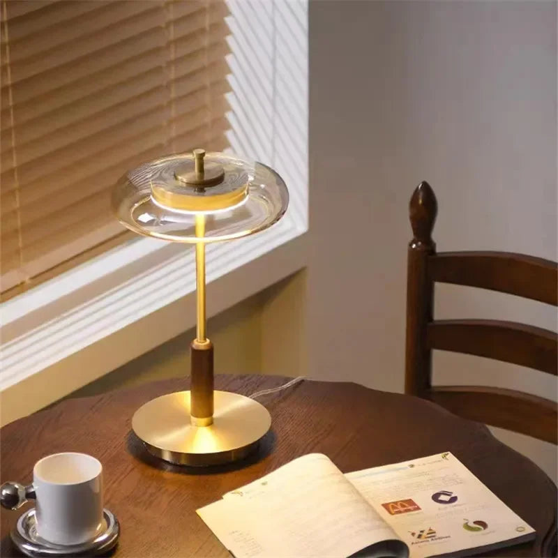Modern copper and glass table lamp with a clear halo shade – 40.5cm height