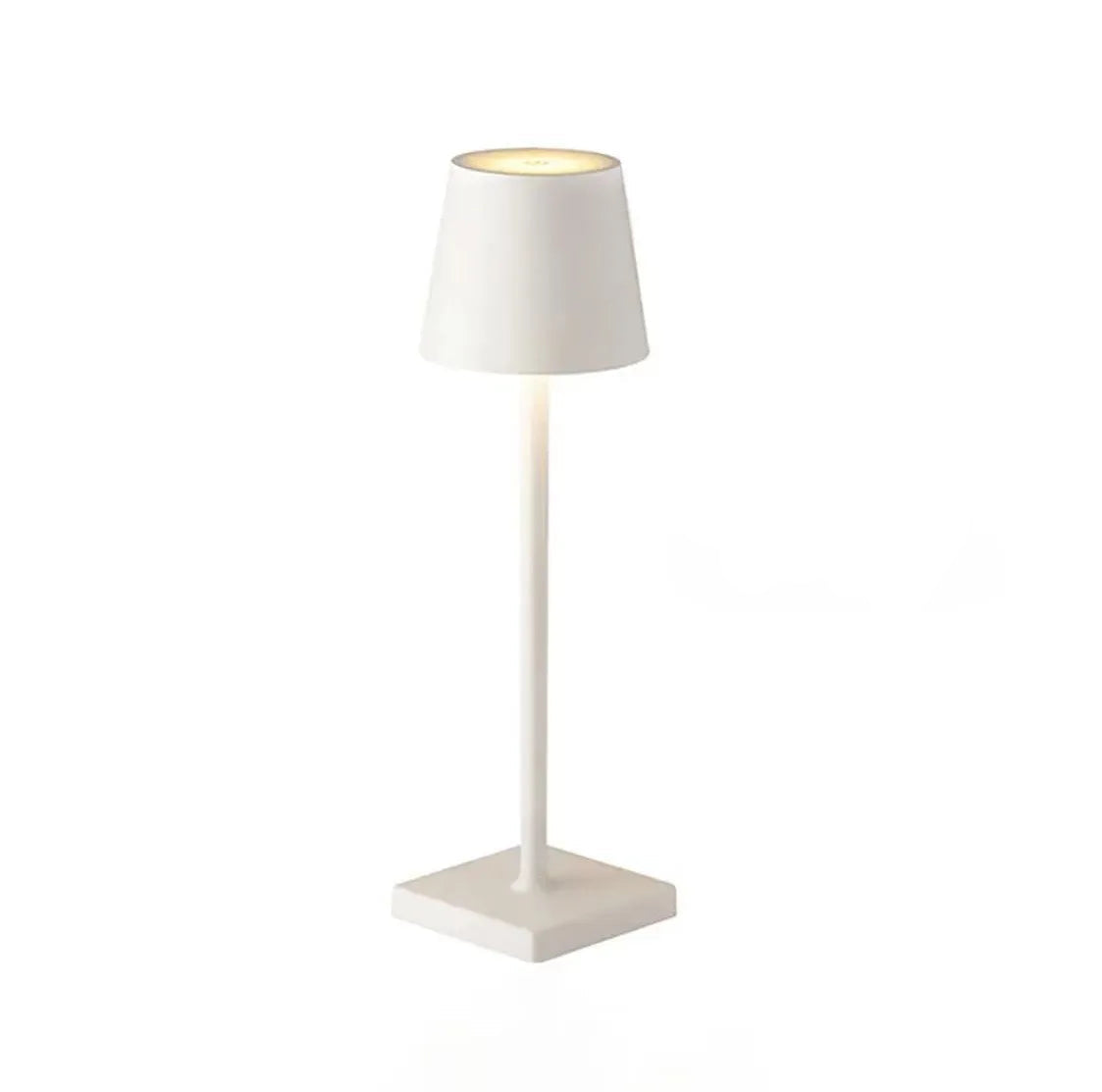 A white table lamp with a square base on a white background