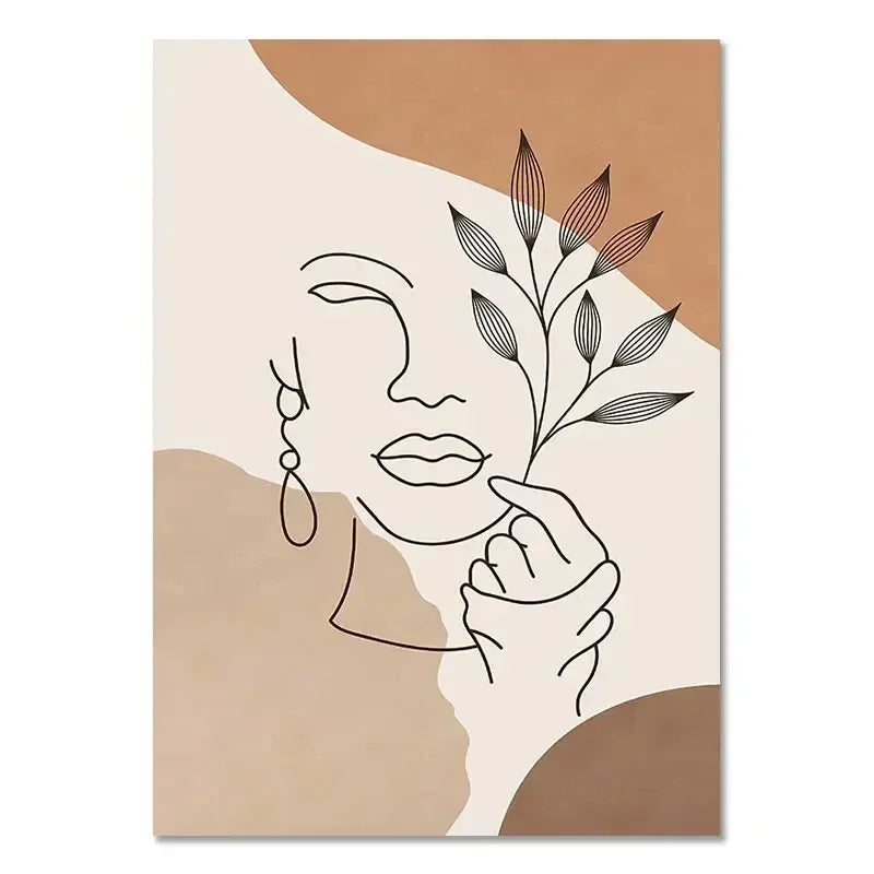 Artistic line drawing of a face with a hand holding leaves on a beige and brown background