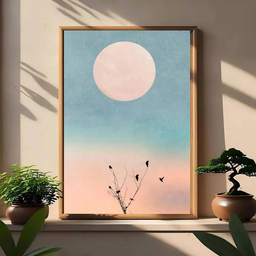 Pastel gradient sky canvas print with pale moon and delicate branches with tiny birds.