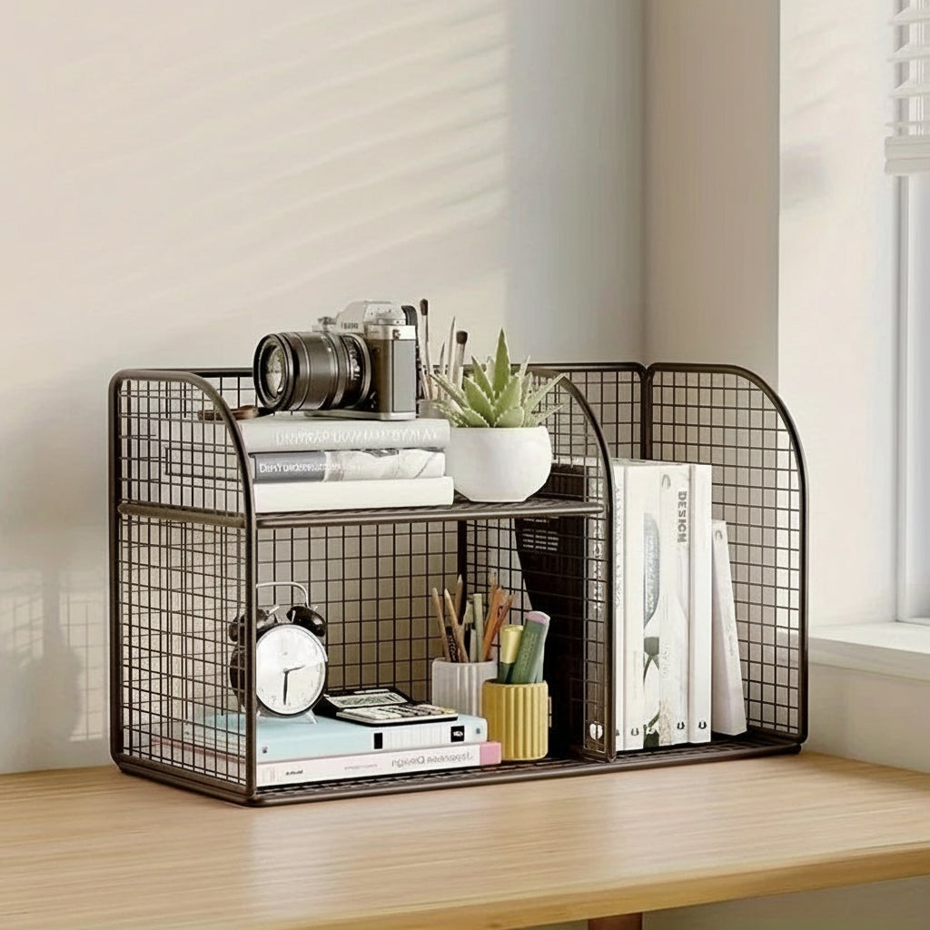 Grid shelf with books, plants, and stationery on a wooden surface with measurements displayed.