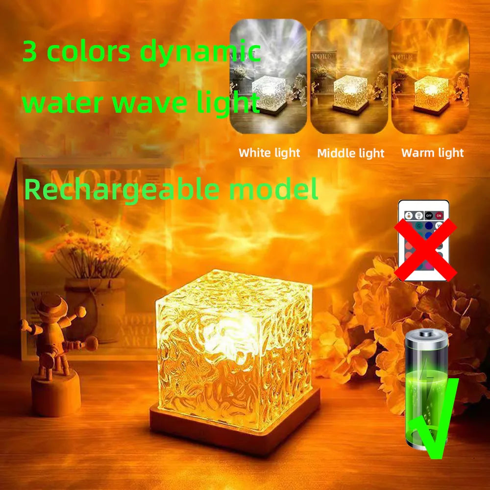 Cube-shaped light with dynamic water wave effect, rechargeable feature, and three colour options displayed.