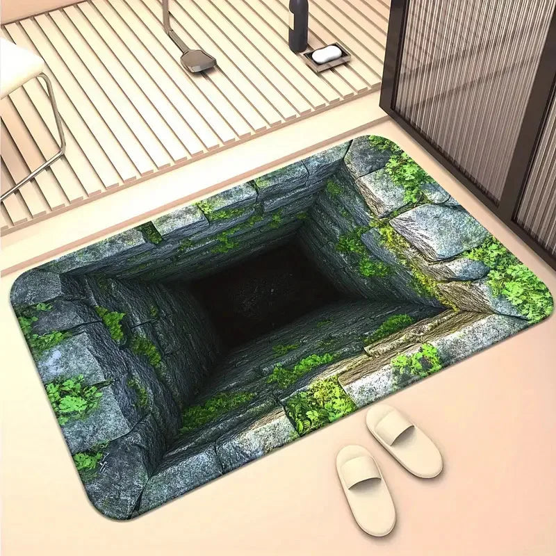 3D optical illusion floor mat with mossy stone well depth illusion in green and grey