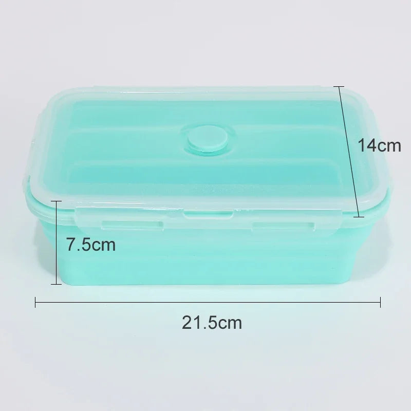 1200ml Sky Blue Rectangular: Sky blue rectangular collapsible silicone food container with clear leakproof lid
