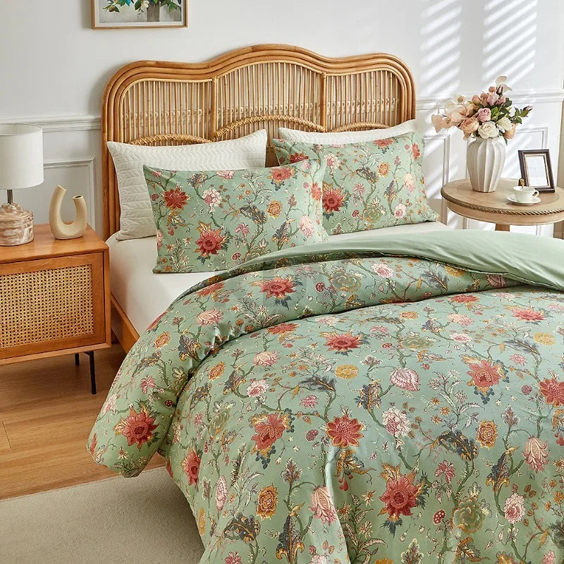 Sage green duvet cover set with vintage floral garden print and matching pillowcases