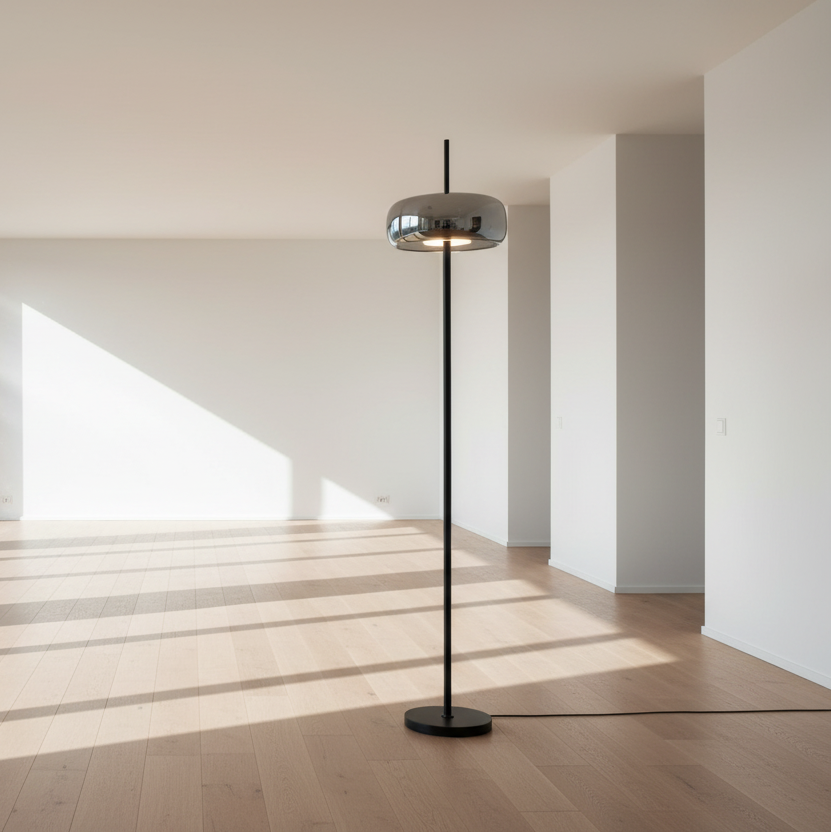 Black minimalist floor lamp with illuminated smoked glass shade.