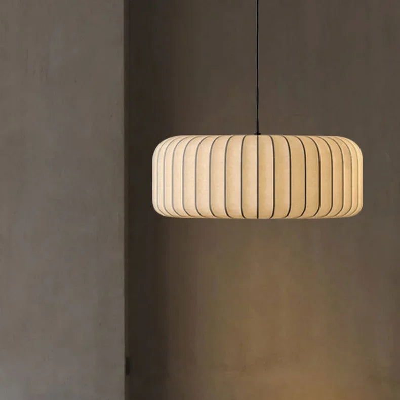 Wide drum Nordic LED pendant light with silk lampshade, D52 × H18cm