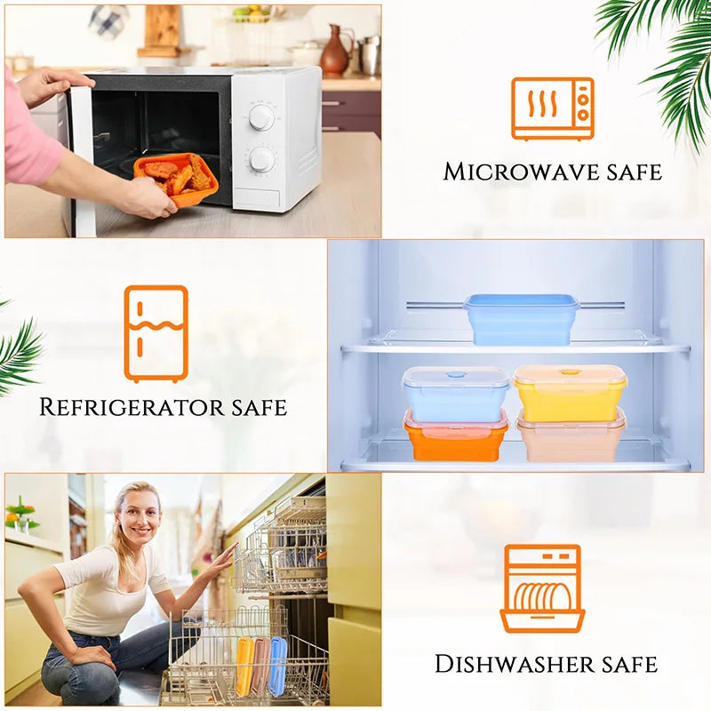 Collage of images showing microwave, refrigerator, and dishwasher safe containers with icons and text.