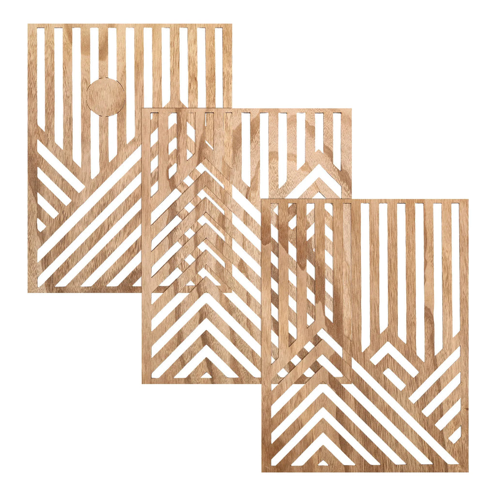 Three wooden coasters with geometric patterns on a white background