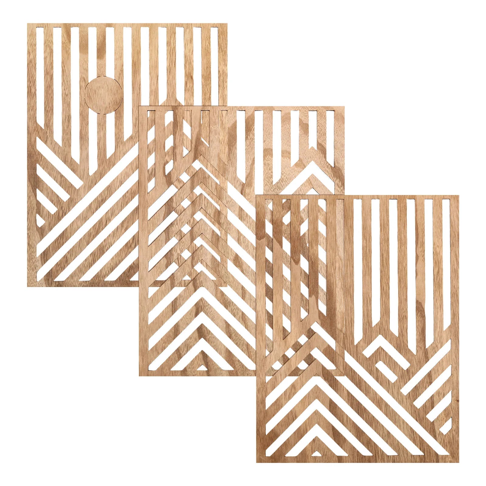 Three wooden coasters with geometric patterns on a white background