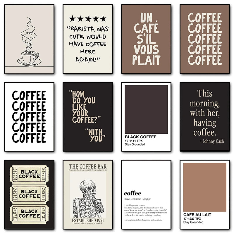 A 3x4 grid of 12 coffee-themed art prints and posters, featuring minimalist designs, quotes, coffee ticket graphics, a skeleton illustration, and color swatches in black, beige, and brown tones.