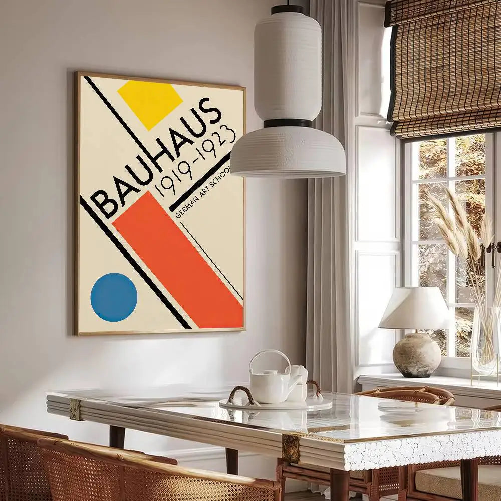 Bauhaus poster print with bold diagonal lines, geometric shapes, and “1919–1923” typography on a neutral background.