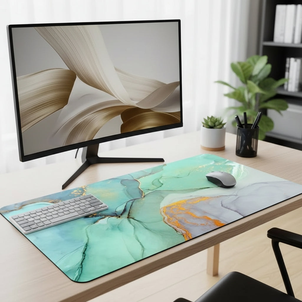 Desk setup with a monitor, keyboard, mouse, and large mouse pad on a desk.