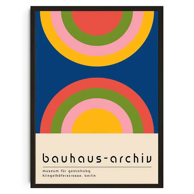 Framed poster with colorful circular design and 'bauhaus-archiv' text on a blue background