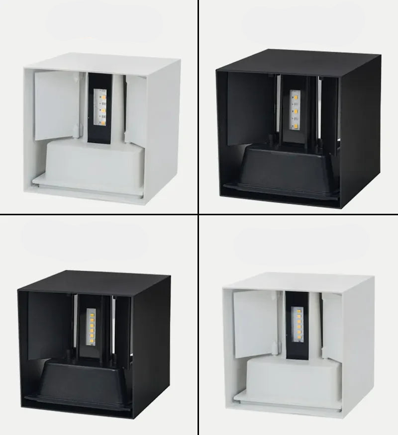 Four square wall lights in different colours on a white background