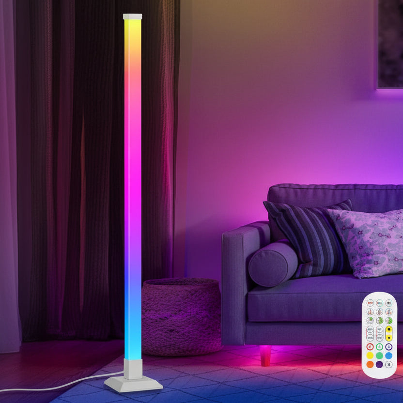LED RGB floor lamp with control options in a living room setting