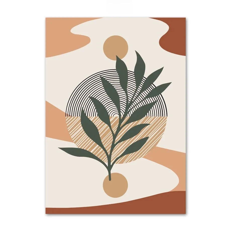 Abstract art print with green leaves and geometric shapes on a brown and beige background
