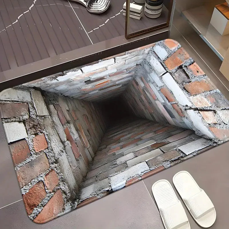 3D optical illusion floor mat with brick-lined shaft depth illusion