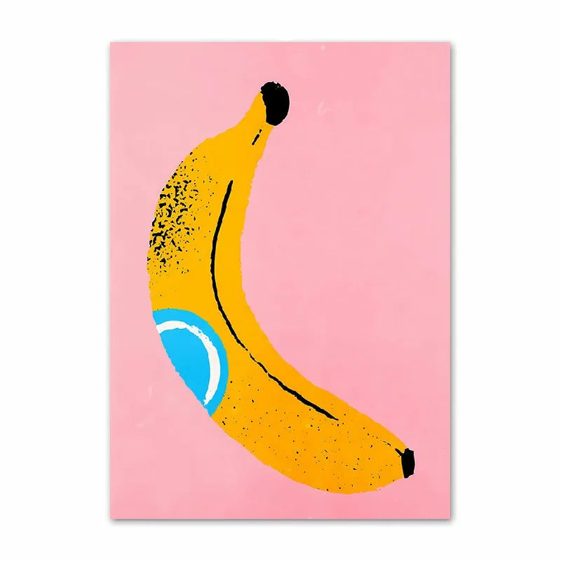 Illustration of a banana with a blue sticker on a pink background
