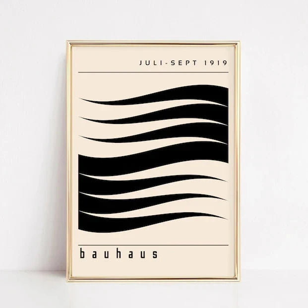 Bauhaus minimalist print with flowing black wave lines on a cream background