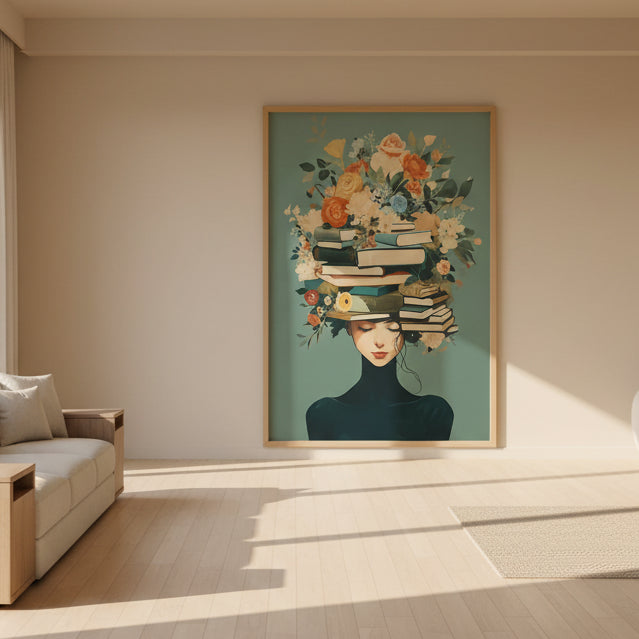 Framed artwork of a woman with books and flowers on her head in a room with toys and decor.