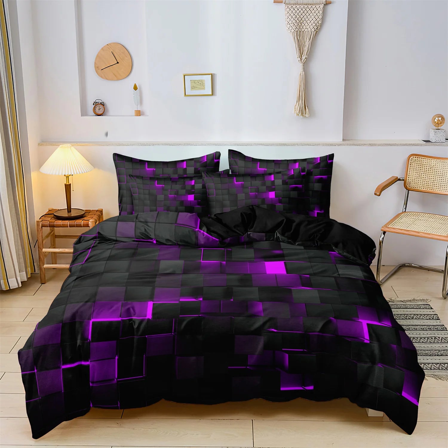 Black bedding set with purple geometric block digital print