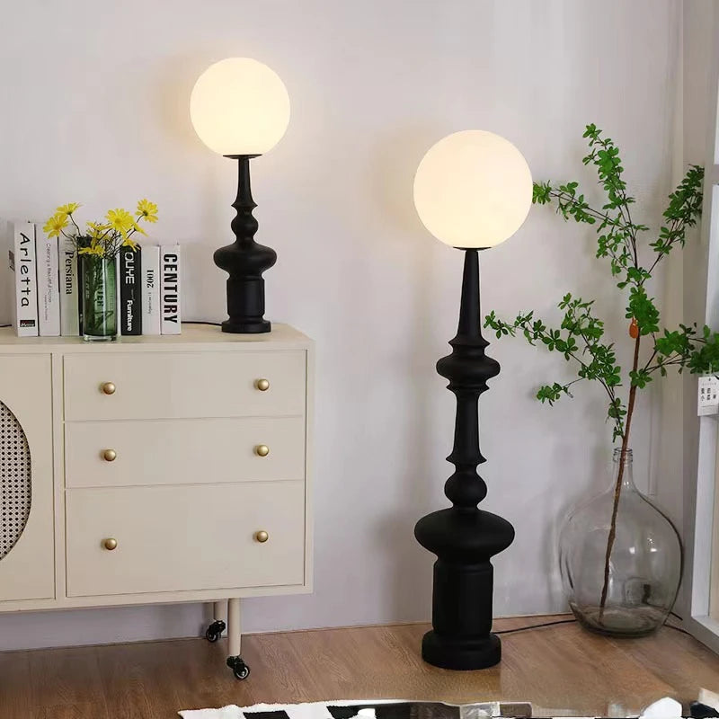Black globe floor lamp with totem base, frosted shade, D30cm x H136cm, E27 LED
