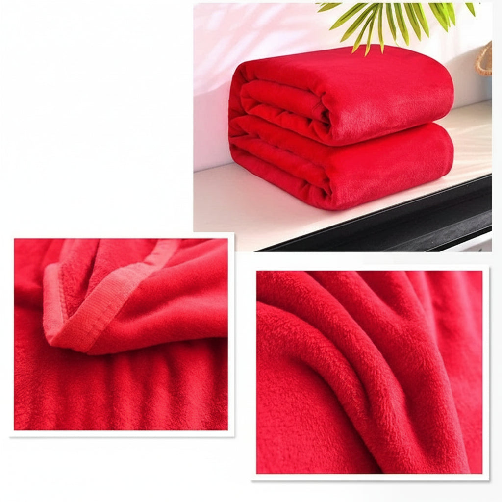 Red blanket shown in various settings with close-up details.