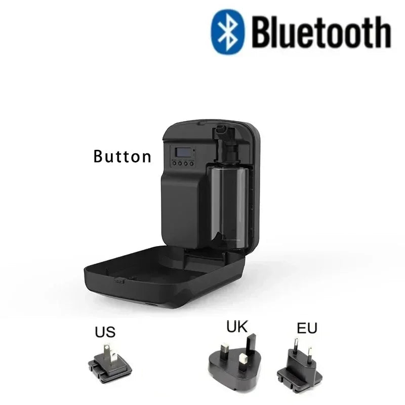 Black Bluetooth aromatherapy diffuser with button controls, removable bottle, and plug adapter options