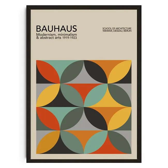 Framed poster with Bauhaus design and geometric pattern on a beige background