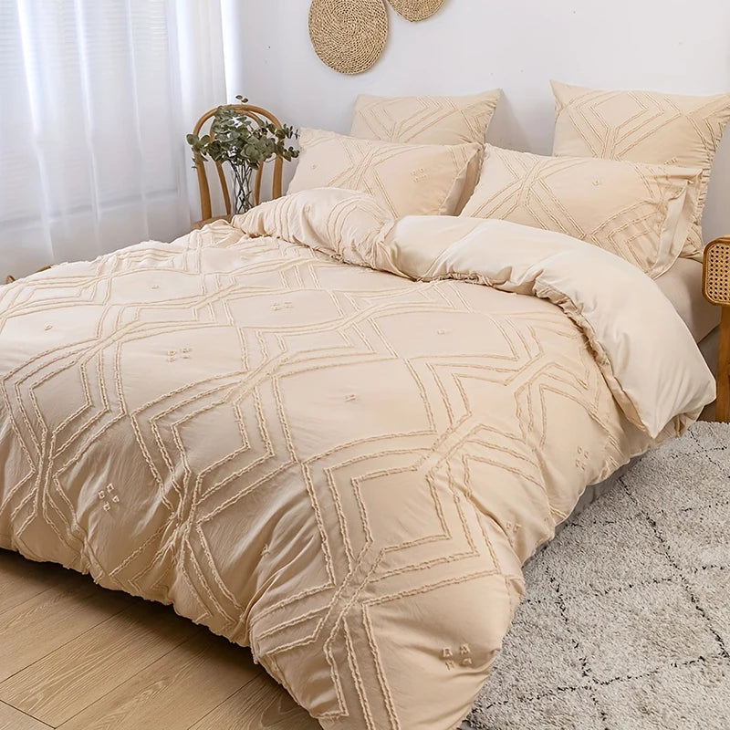 Warm sand duvet cover set with subtle embroidered texture