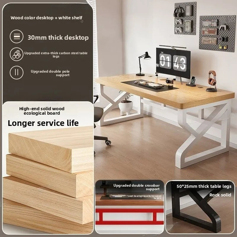 Wooden office desk with white legs in a room setup, featuring text on desk features.