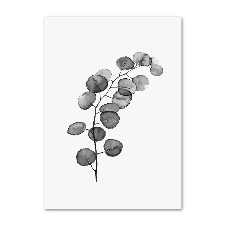 Black and white illustration of a eucalyptus branch on a white background