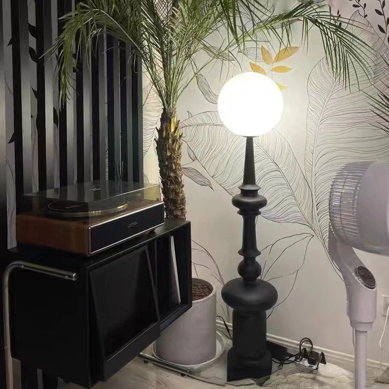 Black globe floor lamp with totem base, frosted shade, D30cm x H136cm, E27 LED