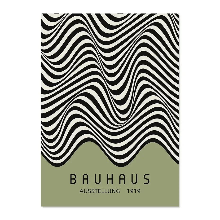 Poster with black and white wavy pattern and 'Bauhaus' text on a green background