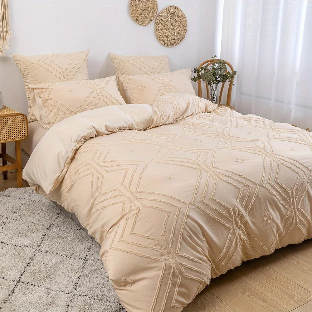 Warm sand duvet cover set with subtle embroidered texture