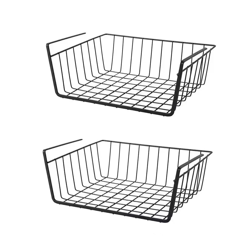Two black wire baskets on a white background
