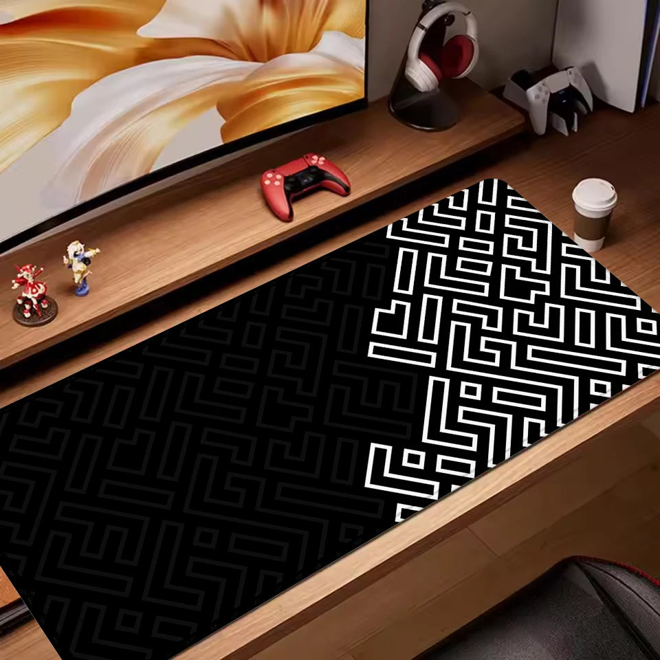 Black extended mouse pad with white geometric maze design