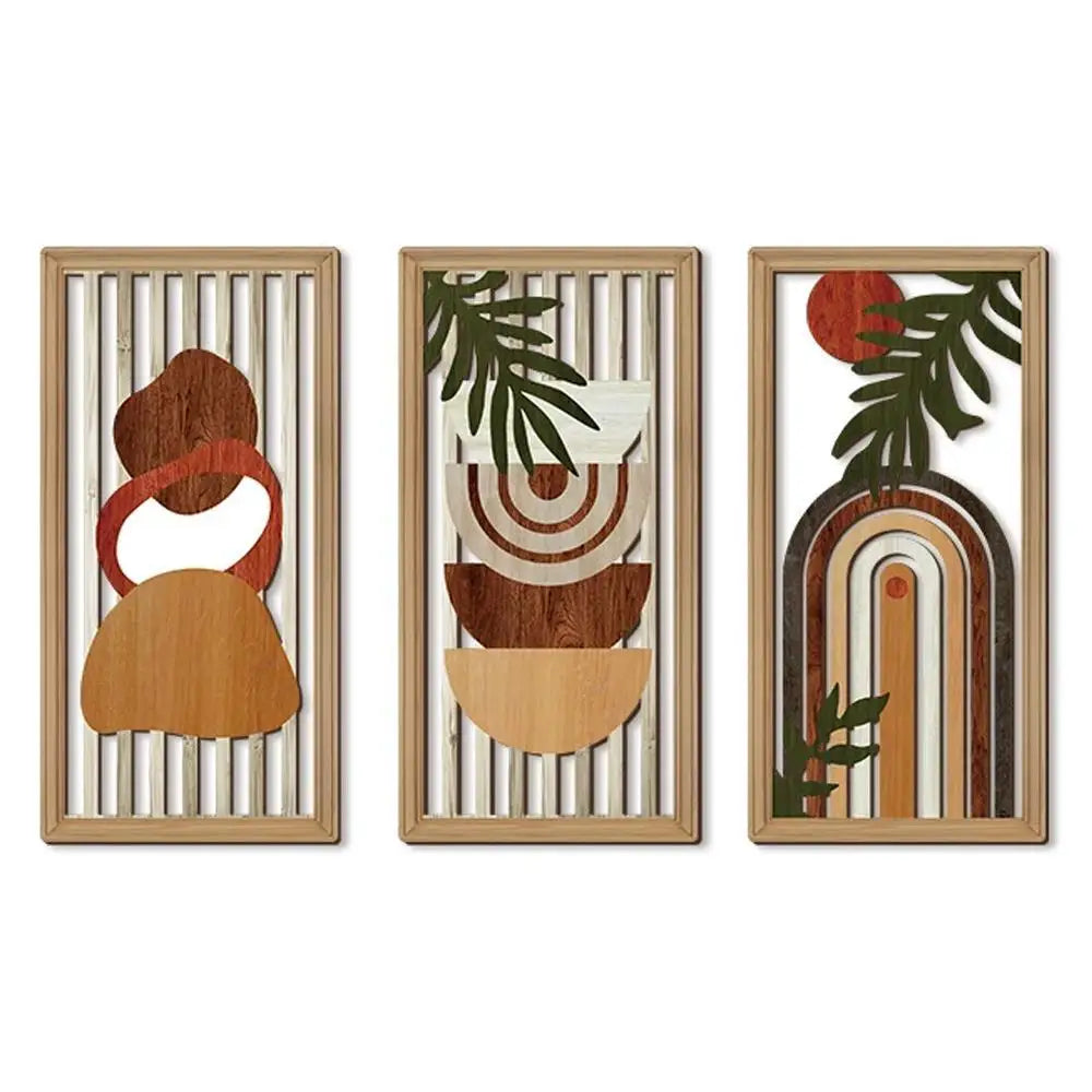Three abstract wall art pieces with wooden frames on a white background