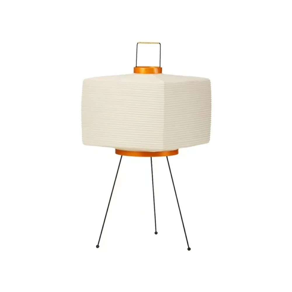 A Japanese floor lamp with a white ribbed lampshade and black legs on a white background