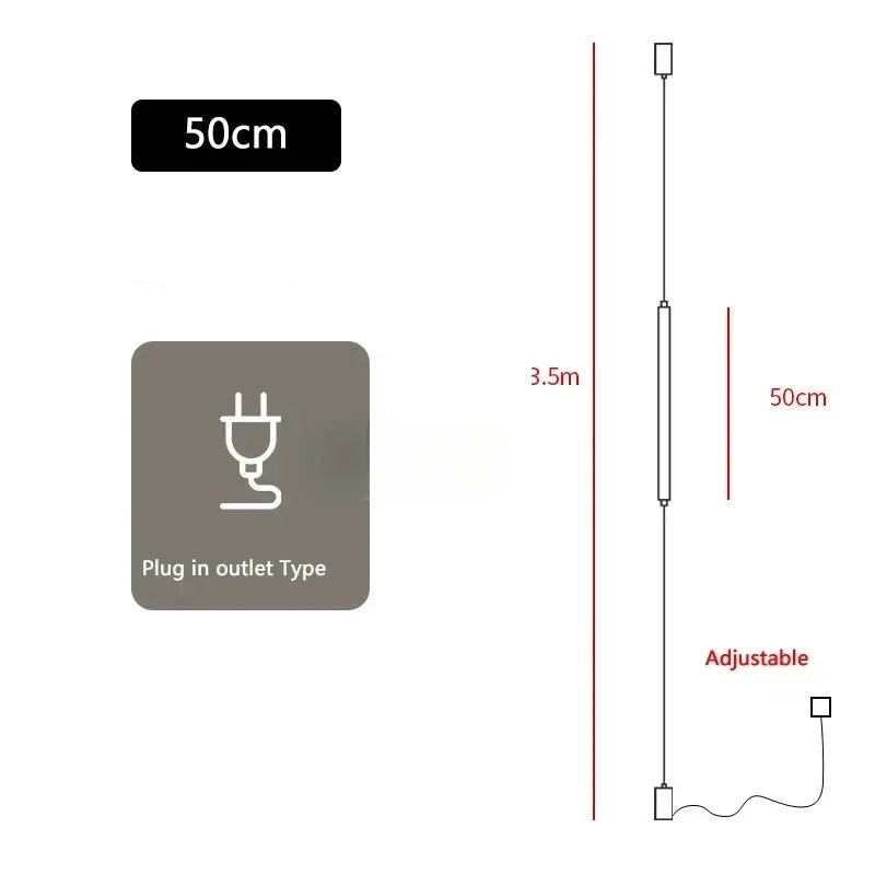 Product specifications for a light fixture including length, material, wattage, plug type, and adjustable feature.