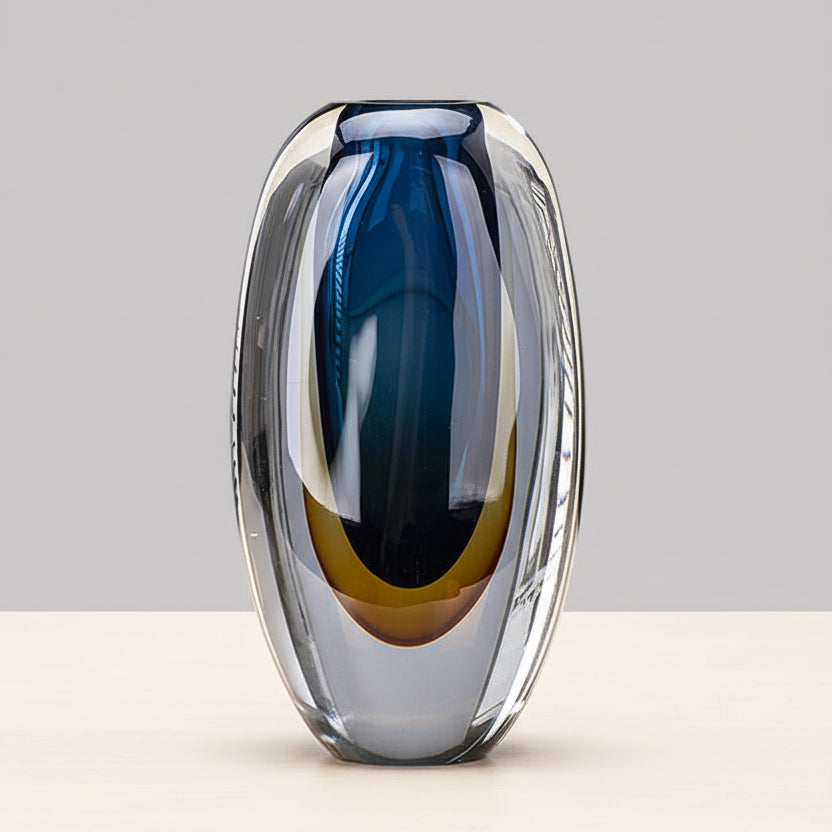 Medium 24cm blue sculptural glass vase with layered core