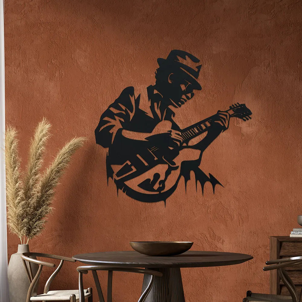 Black guitarist metal wall art with silhouette cut-out design, approx. 28cm x 28cm