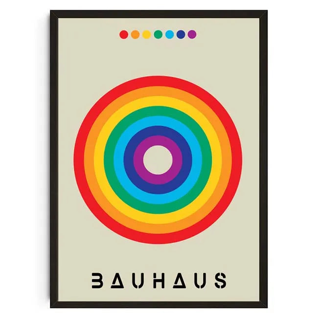 Poster with a rainbow circle design and 'Bauhaus' text on a beige background