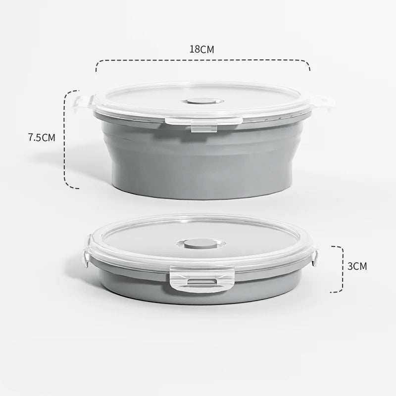 1200ml Grey Round: Grey round 1200ml collapsible silicone food container with clear lid, shown expanded and folded